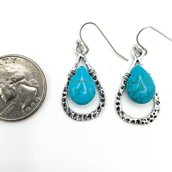 Boho Chic Festival Faux Turquoise and silver tone dangle earrings - Picture 3 of 6